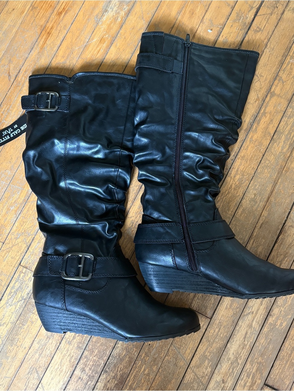 Taxi Wide-Calf Black Wedge Mid-Calf Scrunch PU Leather Boots Size 7.5